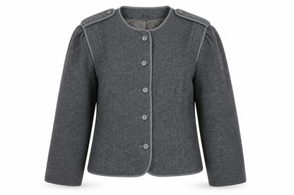 Front view of C&A Women's Grey Blazer, size 12, Wool Blend, Five-Button