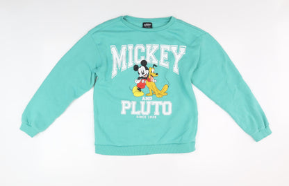Front view of Disney girls’ blue sweatshirt 12-13 years mickey & pluto pullover