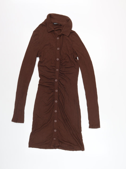Stradivarius Women Brown Collared Button Dress M