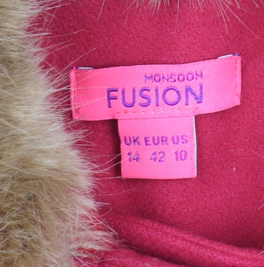 Monsoon Women's Pink Wool Coat with Fur Trim, Size 14
