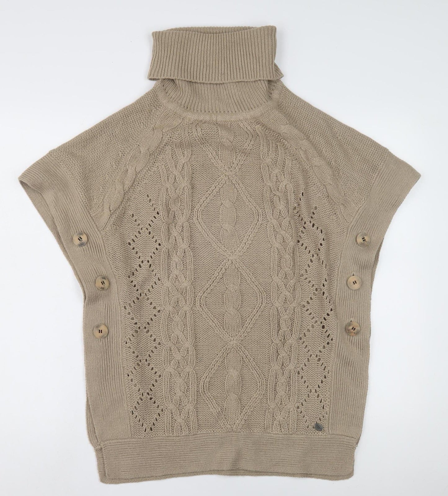 Only Women's Beige Cable-Knit Cape, Size S, Roll Neck