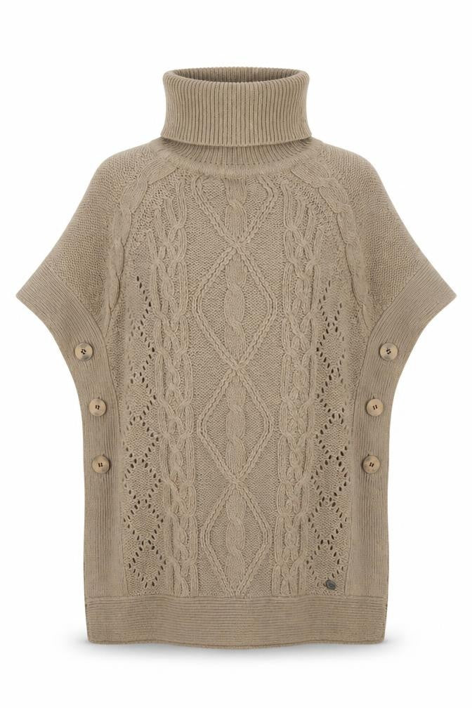 Only Women's Beige Cable-Knit Cape, Size S, Roll Neck