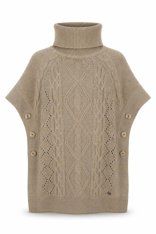 Front view of Only Women's Beige Cable-Knit Cape, size S, Roll Neck