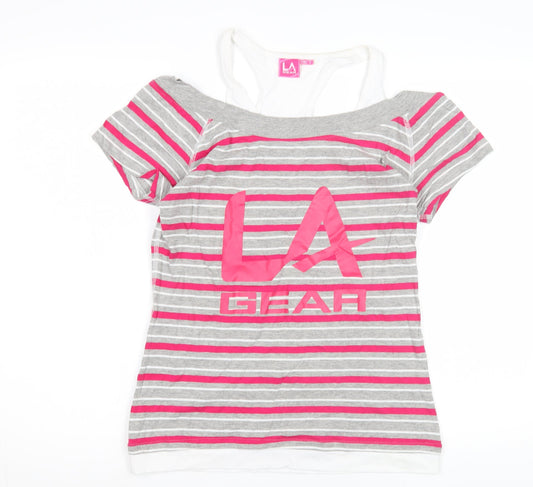 LA Gear Women's Pink Grey Striped T-Shirt Size 12