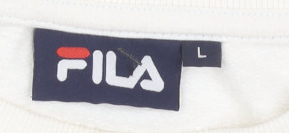 Close-up detail of Fila Women's Large White Sweatshirt Pullover with Logo
