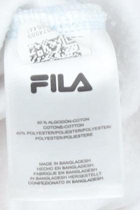 Brand and care label for Fila Women's Large White Sweatshirt Pullover with Logo