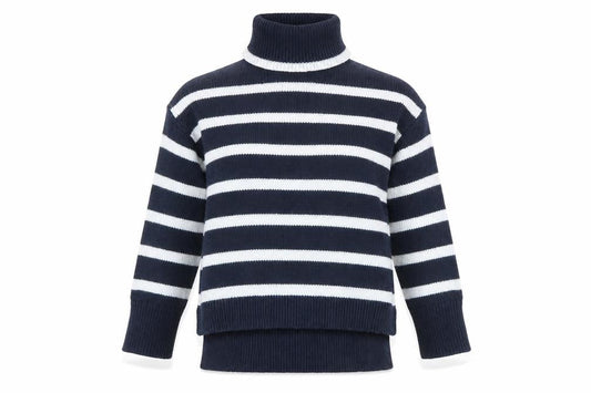 Front view of Crew Clothing Women's Blue Roll Neck Jumper