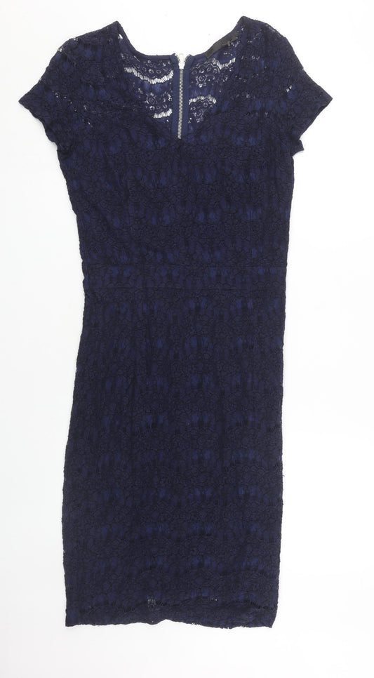 Minus Women's Blue Sheath Lace Dress Size 10 Short Sleeve