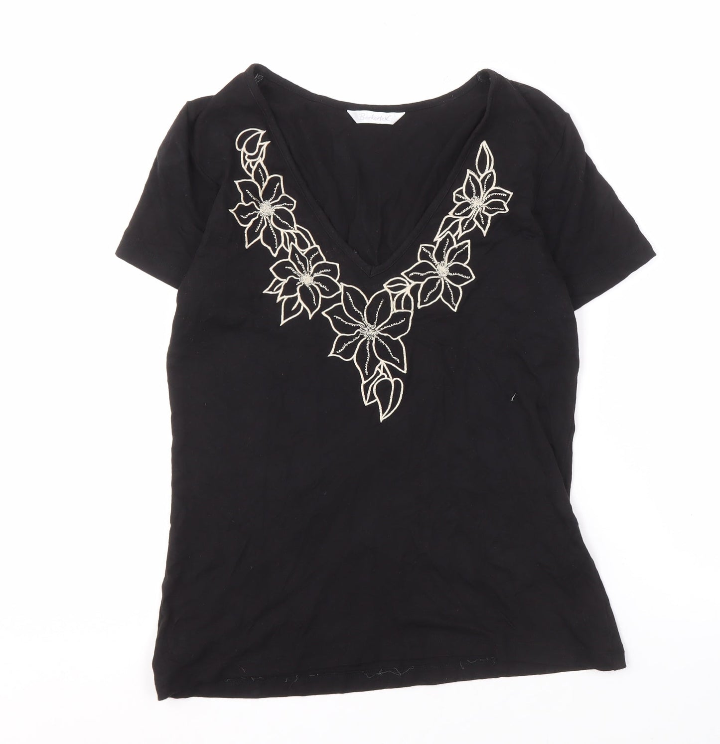 Berketex Women's Black V-Neck Embroidered T-Shirt - Size 12