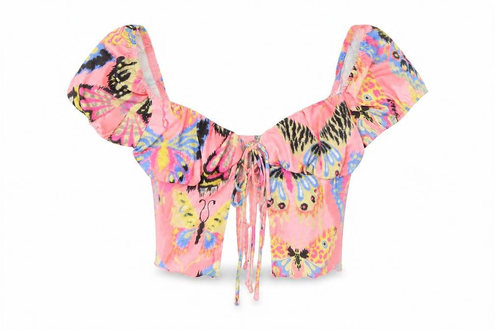 Bershka Women's Pink Butterfly Cropped Blouse M