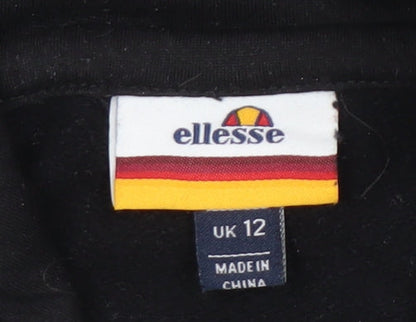 Brand and care label for Ellesse Women's Black Hoodie, size 12, Comfortable Fit
