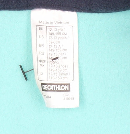 Close-up detail of Decathlon girls’ blue fleece pullover sweatshirt 12-13 years