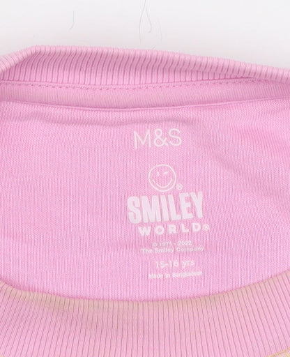 Brand and care label for Marks & Spencer girls’ pink pullover sweatshirt 15-16y