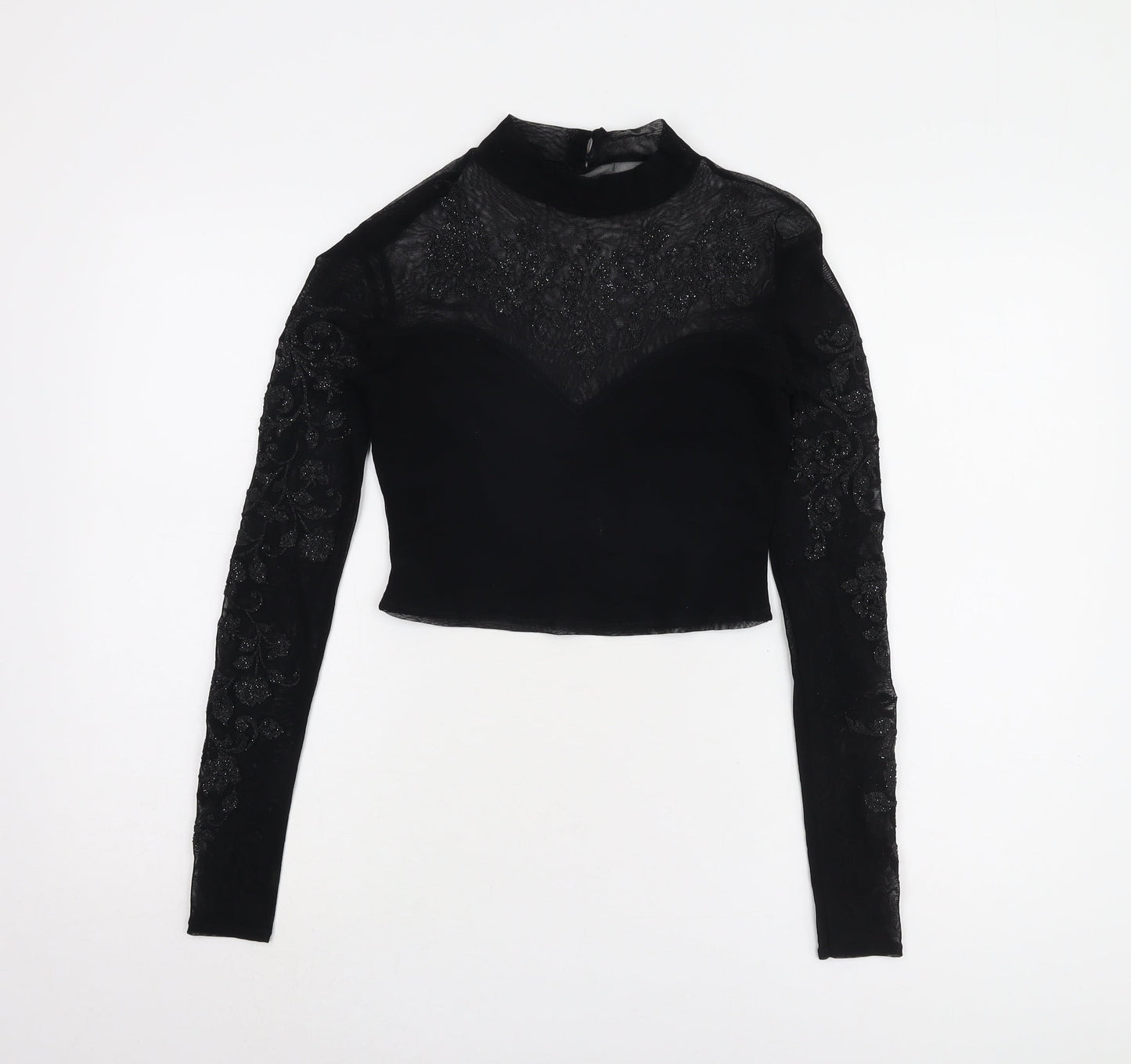 Lipsy Women's Black Cropped Blouse, Size 10, Embroidered Elegance