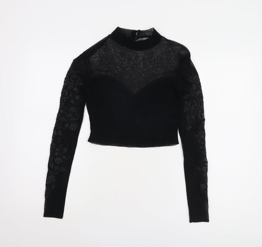 Lipsy Women's Black Cropped Blouse, Size 10, Embroidered Elegance