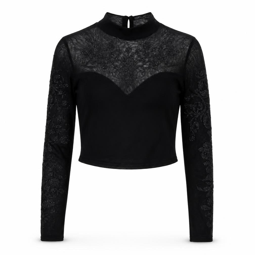 Lipsy Women's Black Cropped Blouse, Size 10, Embroidered Elegance