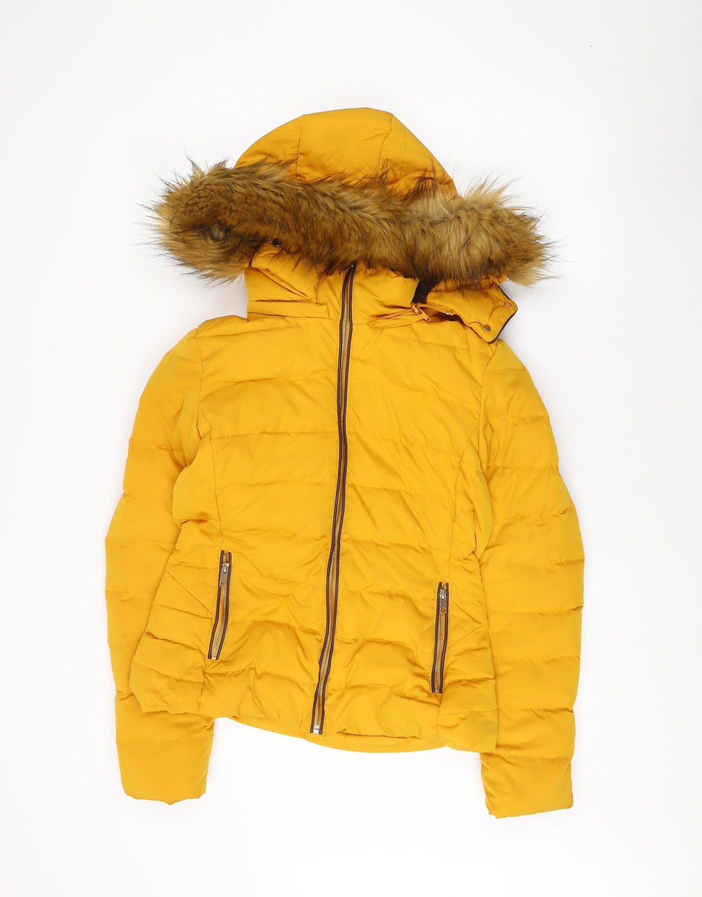 Zara Women's Yellow Puffer Jacket, Size 4, Hooded
