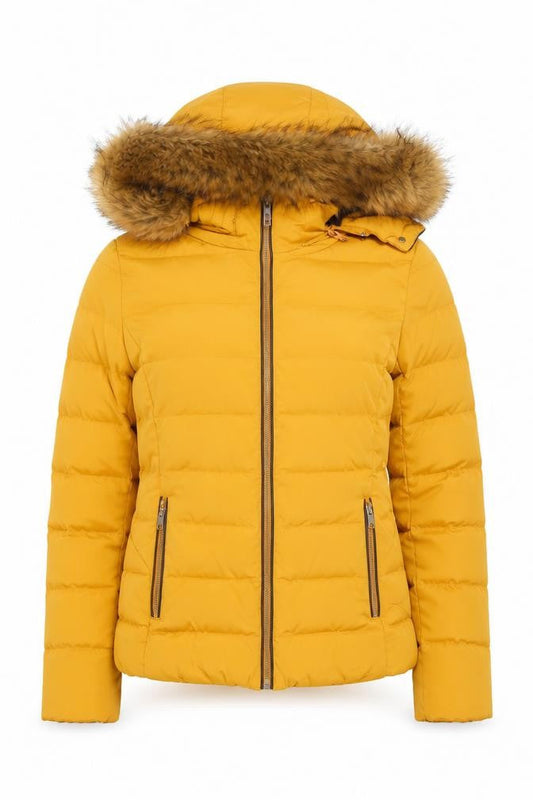 Zara Women's Yellow Puffer Jacket, Size 4, Hooded