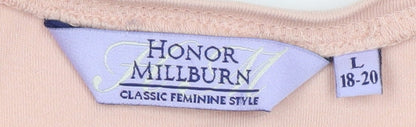 Brand and care label for Honor Millburn Women's Pink Embroidered T-Shirt L