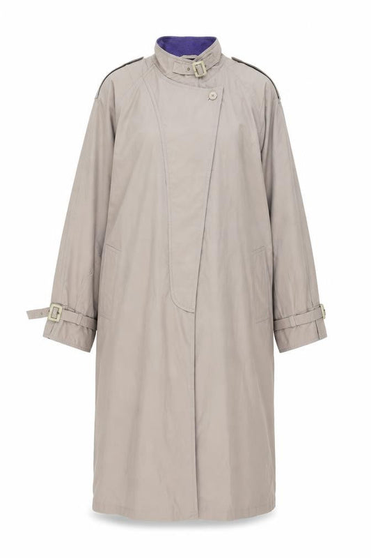 Front view of C&A Women's Beige Long Coat, size 16, Buckle Detail