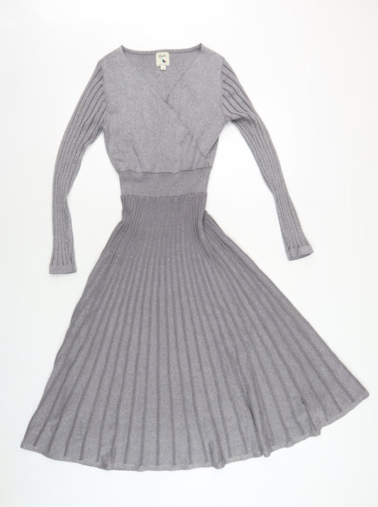 Yumi Women's Grey A-Line Knit Dress, S, V-Neck, Long Sleeve
