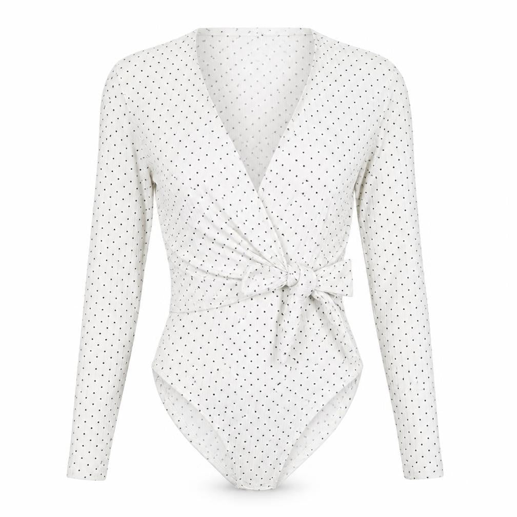 Boohoo Women's White Polka Dot Wrap Bodysuit - UK 12