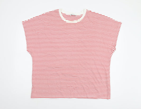 Zara Women's Red Striped Cotton T-Shirt XL