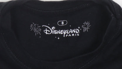Close-up detail of Disneyland Paris girls’ black mickey t-shirt, size 8y, graphic design