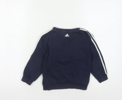 Back view of Adidas boys’ blue pullover sweatshirt 4 years logo casual