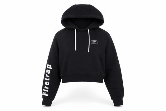Front view of Firetrap girls’ black hoodie with logo, size S