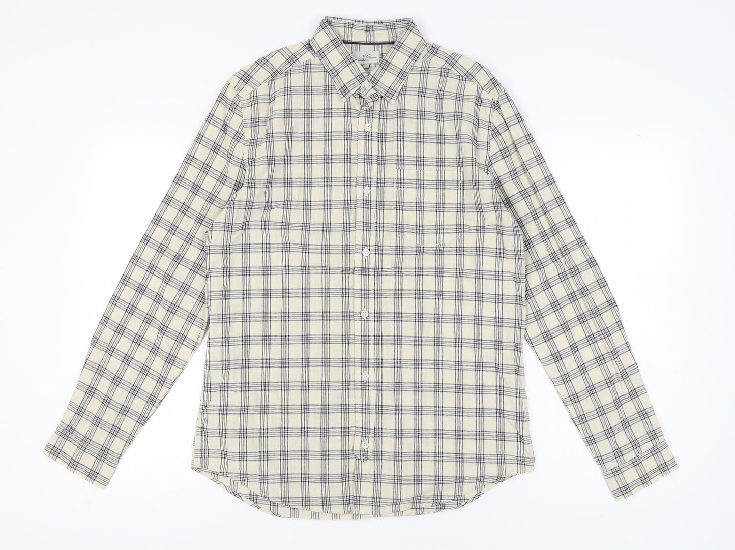Next Men's Beige Check Button-Up Long Sleeve Shirt M