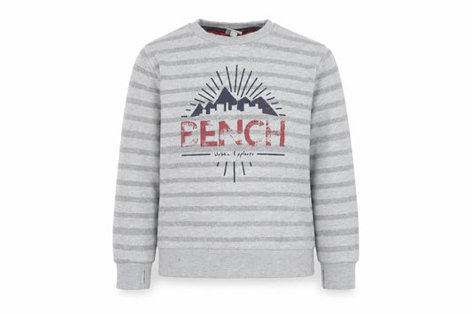 Front view of Bench boys’ grey graphic striped pullover sweatshirt 9-10 yrs