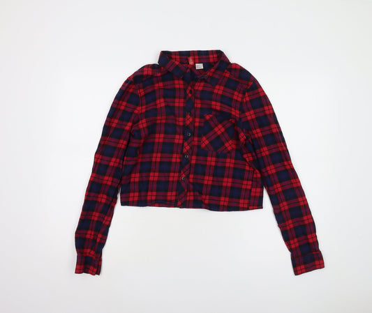 H&M Women's Red Plaid Cropped Button-Up Shirt