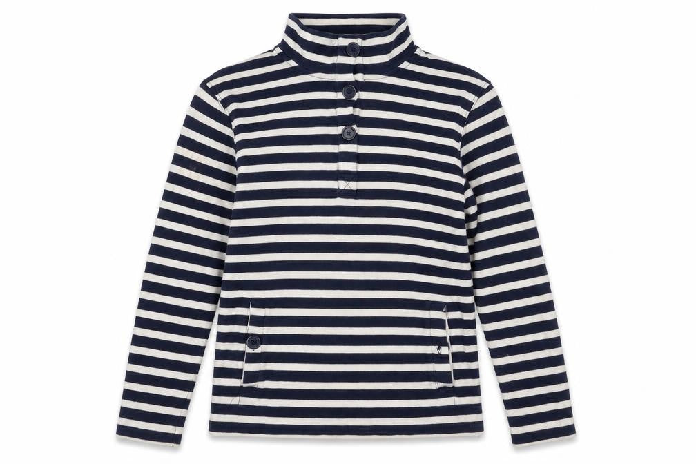 Cotton Traders Women's Navy Blue Striped Long T-Shirt