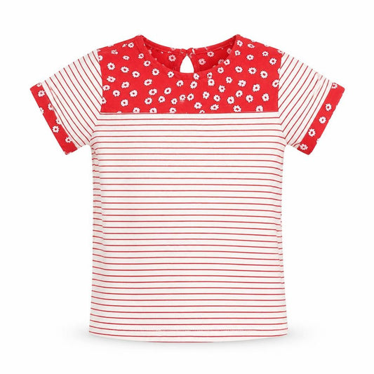 Front view of Jasper Conran girls’ red striped t-shirt, 2-3 years, button accent