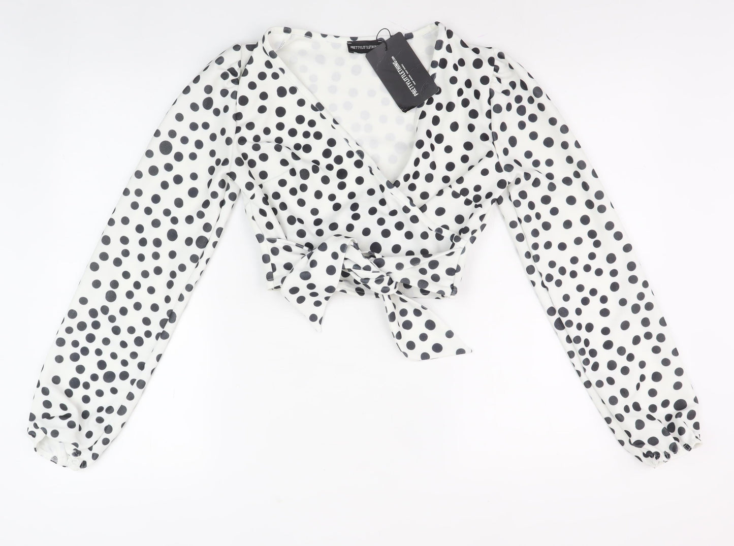 PrettyLittleThing Women's White Polka Dot Wrap Blouse Size 8