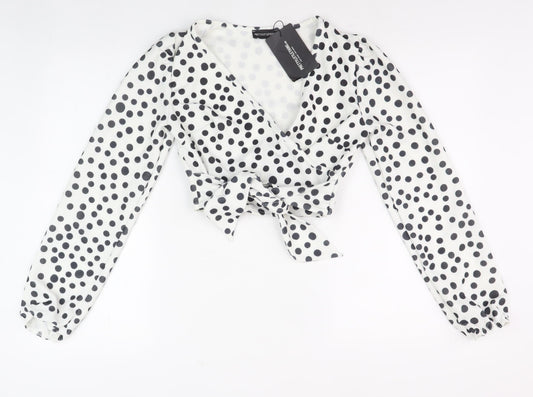 PrettyLittleThing Women's White Polka Dot Wrap Blouse Size 8