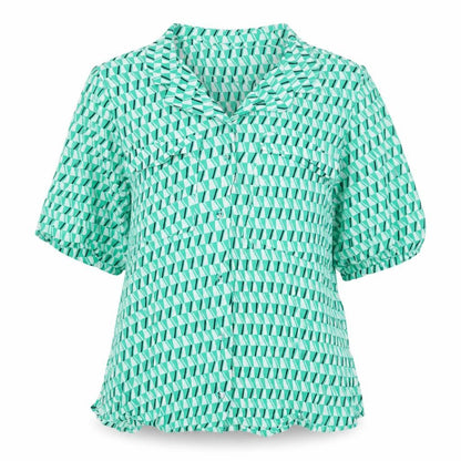 Front view of Autograph Women's Green Geometric Button-Up Shirt, size 12