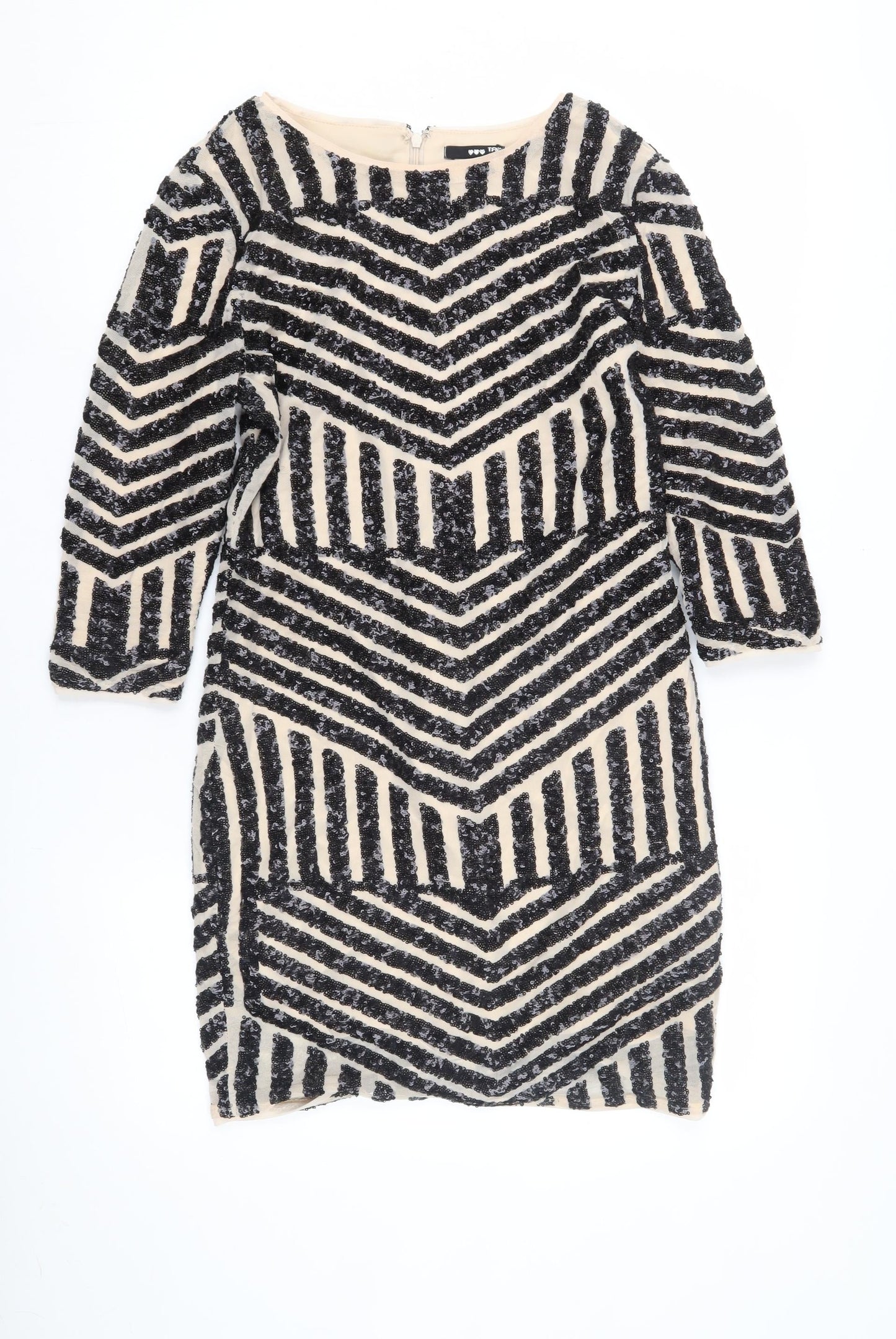 TFNC London Women’s Black Beige Chevron Sequin Sheath Dress S