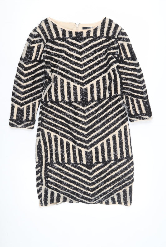 TFNC London Women’s Black Beige Chevron Sequin Sheath Dress S