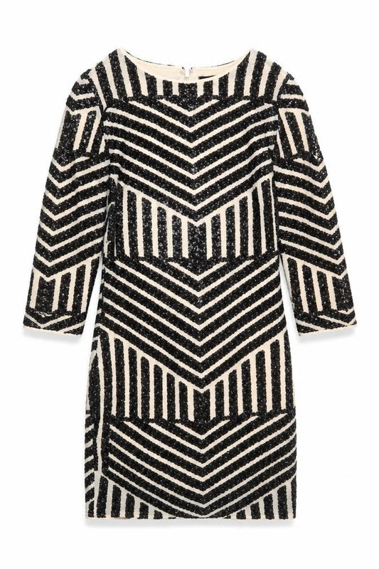TFNC London Women’s Black Beige Chevron Sequin Sheath Dress S