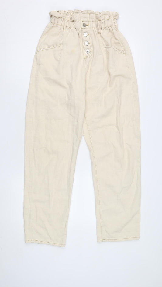MNG Women's Beige Paperbag Jeans, Size L, High Rise