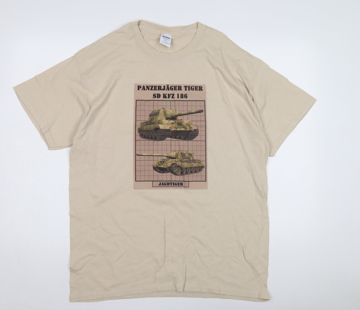 Gildan Men's Beige Army T-Shirt L Heavyweight