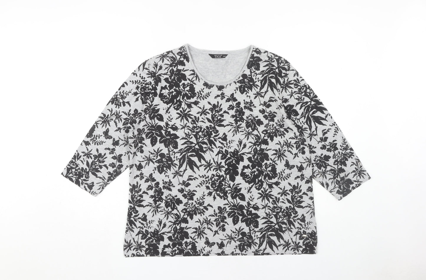 TIGI Women's Grey Floral 3/4 Sleeve T-Shirt Size 18
