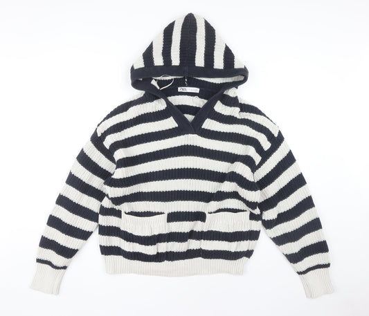 Zara Women's M Black Striped Hooded Pullover Jumper