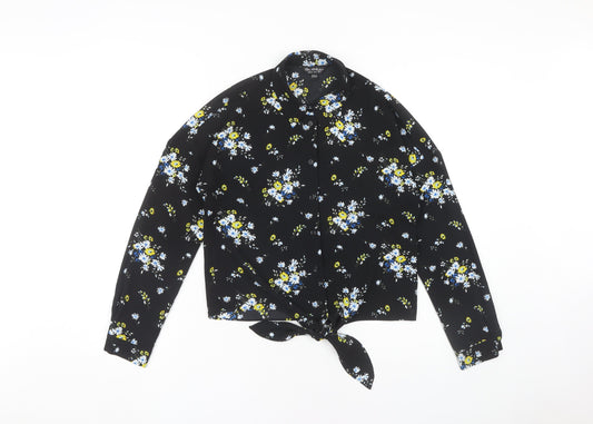 Miss Selfridge Floral Button-Up Shirt, Black, Size 8