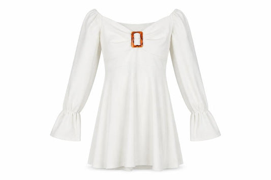Front view of Boohoo White A-Line Dress -, size 10, Elegant Style