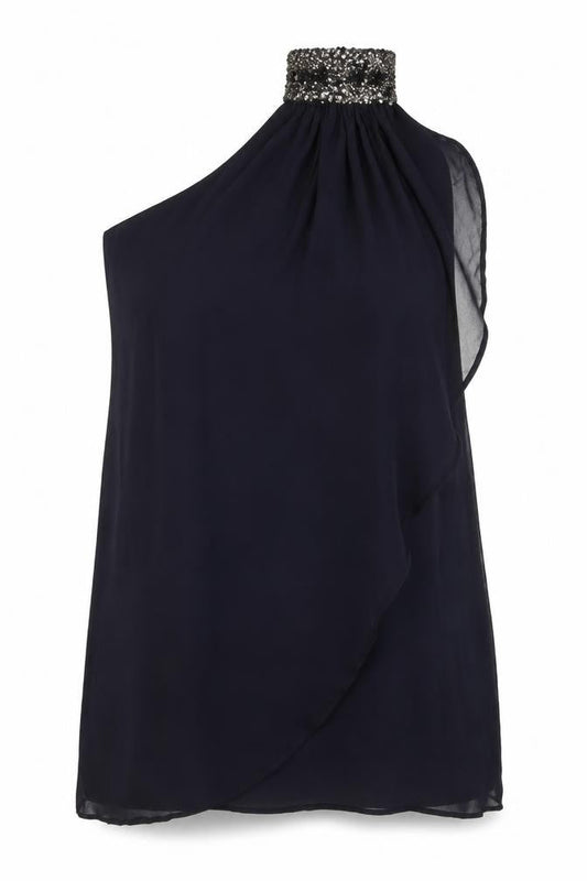 Front view of French Connection Women’s Black One Shoulder Beaded Top
