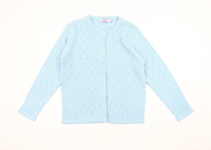 Additional front view of Honor Millburn Women's Blue Cable-Knit Cardigan, size S