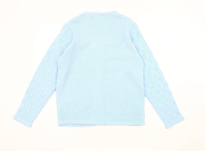 Back view of Honor Millburn Women's Blue Cable-Knit Cardigan, size S